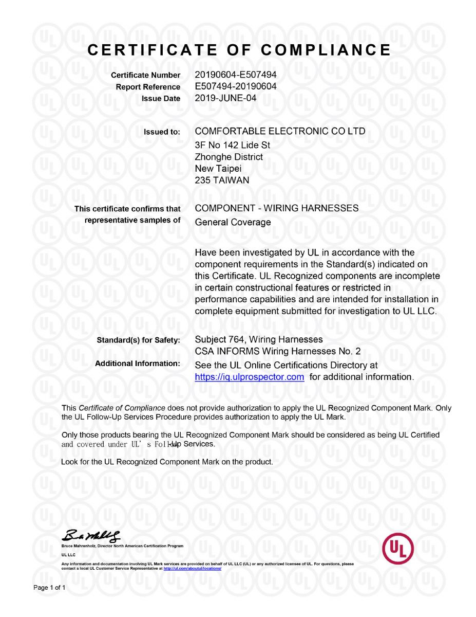 UL CERTIFICATION APPROVED FOR COMPONENTWIRING HARNESSES COMFORTABLE